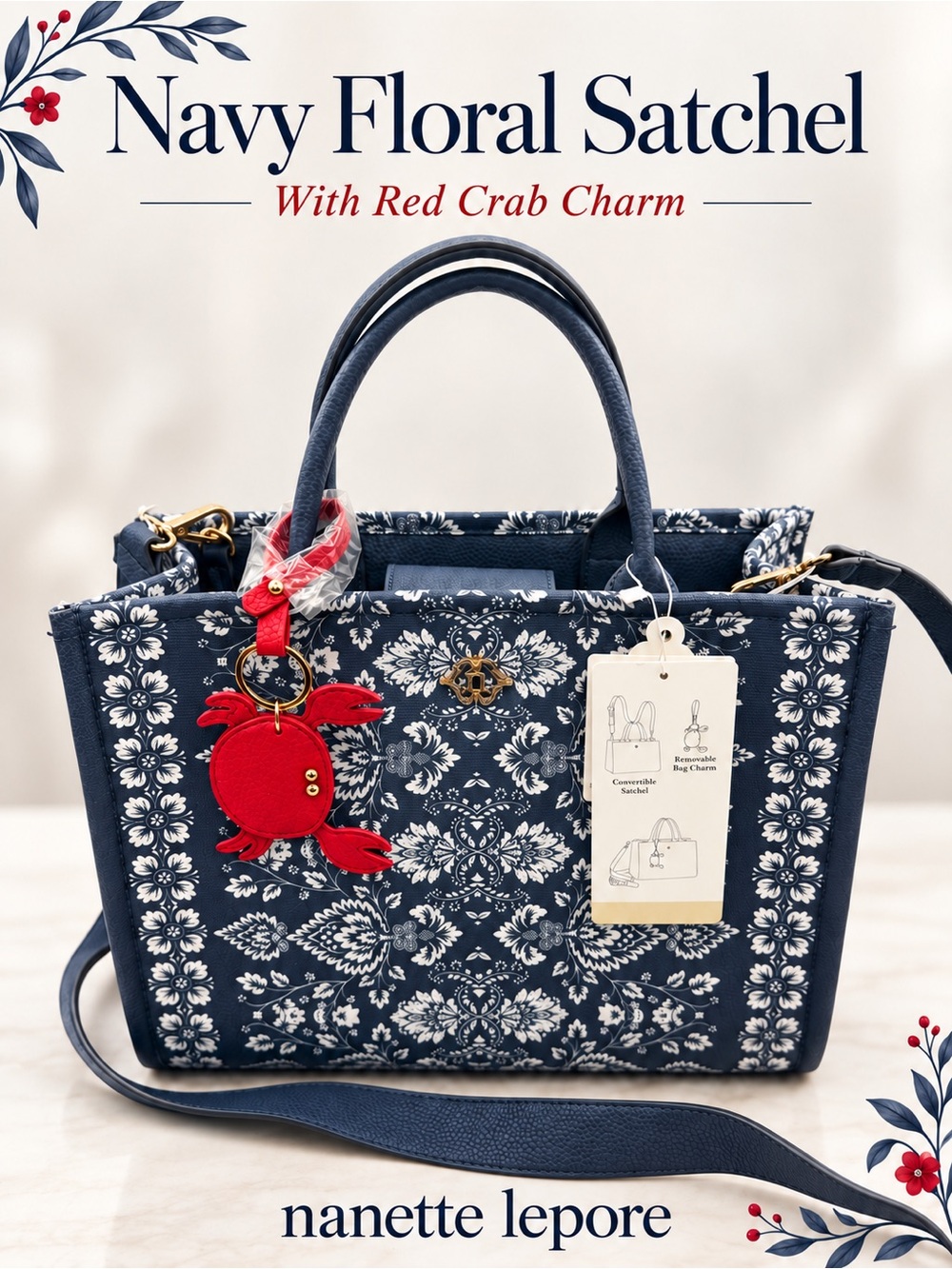 Nanette Lepore NWT Navy Floral Satchel with Red Crab Charm